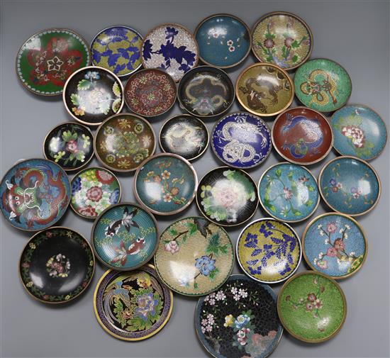 A collection of circular cloisonne small plates and pin dishes, Dia 8cm to 20cm